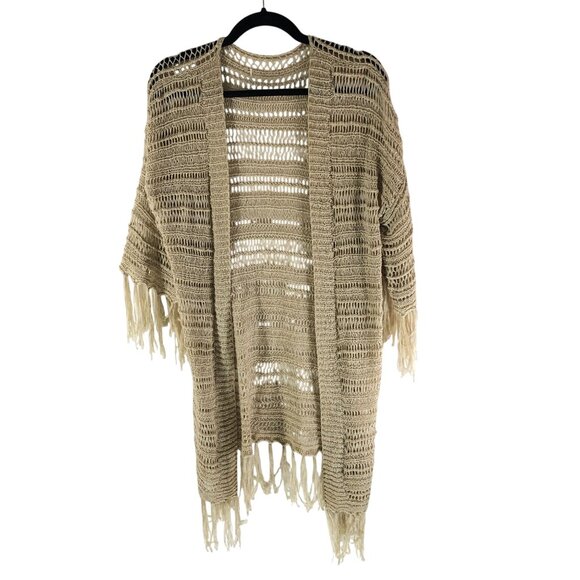 Womens Crochet Fringe Bohemian Cardigan Duster Open Front Beige L? - Picture 1 of 2